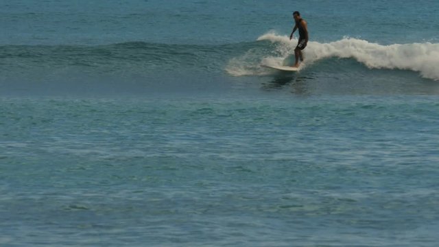 a man rides a longboard at waikiki beach, hawaii