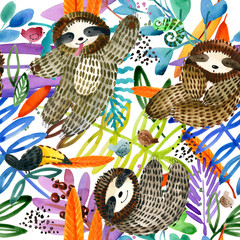 cartoon sloth seamless pattern. watercolor tropical plant illustration