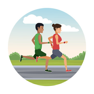 couple running outside round icon icon vector illustration graphic design