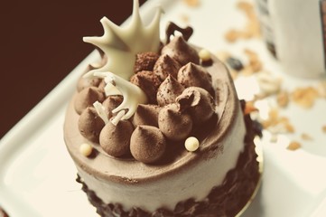 chocolate cake on the white plate with a cup of coffee, food macro photography decoration concept for new year party.