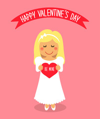 Cute Valentine's Day card with funny cartoon character of loving girl with heart in hands