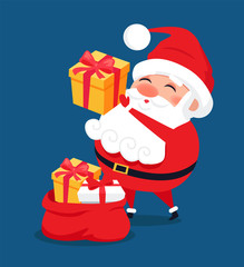 Merry Santa Claus Put Presents into Red Bag Vector