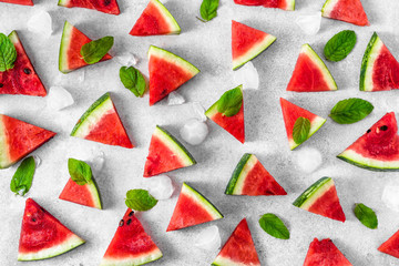 Juicy watermelon, slices popsicles, cold, sweet dessert popular for summertime, sliced fruit pattern