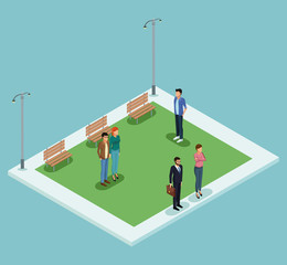 Isometric people in park on blue background vector illustration graphic