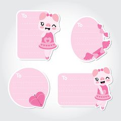 Cute pig, love letter, and arrow vector cartoon illustration for Valentine gift tags design, postcard and sticker set