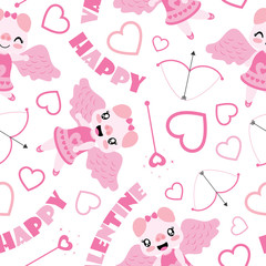 Seamless pattern of cute pig as cupid and Valentine elements vector cartoon illustration for Valentine wrapping paper, kid fabric clothes, and wallpaper