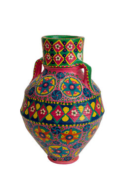 Handmade artistic pained colorful pottery vase (arabic: Kolla) isolated on white
