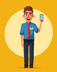 Funny seller with phone. Cartoon vector illustration