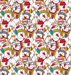 Snowmen fashion hipster winter seamless pattern.