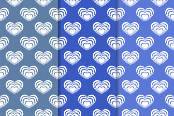 Fototapeta na wymiar Hearts as seamless patterns. Blue and white romantic vertical backgrounds