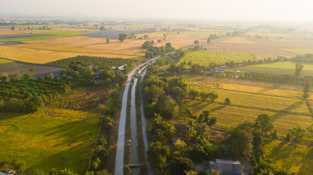 Aerial view from drone flight Irrigation canal