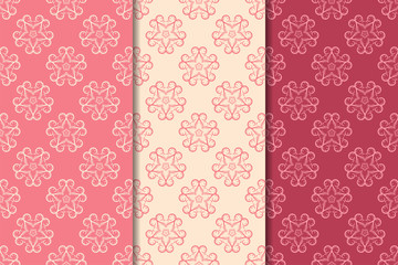 Set of red floral ornaments. Cherry pink vertical seamless patterns