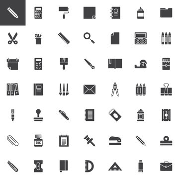 Office stationery vector icons set, modern solid symbol collection, filled style pictogram pack. Signs, logo illustration. Set includes icons as pencil, calculator, calendar, notebook, sharpener