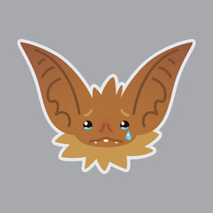 Bat emotional head. Illustration of bat-eared brown creature shows sad emotion. Crying emoji. Smiley icon. Halloween decoration, print, chat, communication. Object with sublayer. Tears. Vector.