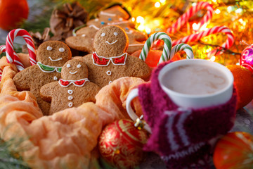 A cozy Christmas evening. A cup of hot cocoa with a small funny scarf and delicious ginger biscuits against the background of fir branches and brilliant lights of garlands.