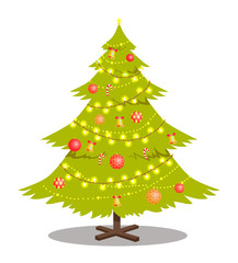 New Year Tree Decorated by Lighting Garlands Bells