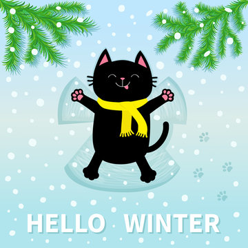 Hello Winter. Black cat laying on back. Making snow angel. Moving paws. Fir tree. Branch spruce Firtree Cute cartoon funny character Paw print track. Flat design. Blue snowflake background.