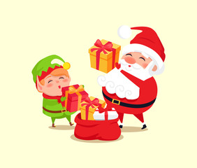 Santa Elf Cartoon Characters Put Present into Sack