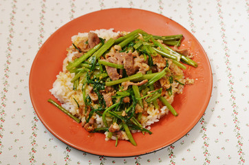 Stir-fry Mutton with rice  at night market in Taiwan.