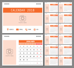 Calendar for 2018 Year. Design template with place for photo and week starts on monday