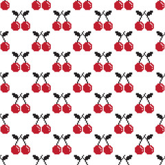 Cherry Seamless Pattern fruit isolated Pixel illustration Vector wallpaper background white & red