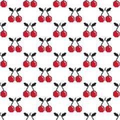 Cherry Seamless Pattern fruit isolated Pixel illustration Vector wallpaper background white & red