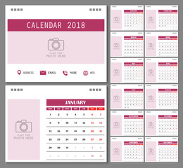 Calendar for 2018 Year. Design template with place for photo and week starts on monday