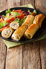 crepes rolls with chicken, cheese and mushrooms close-up and vegetable salad. vertical