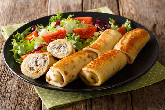 pancakes stuffed with chicken and mushrooms and fresh vegetable salad close-up. horizontal