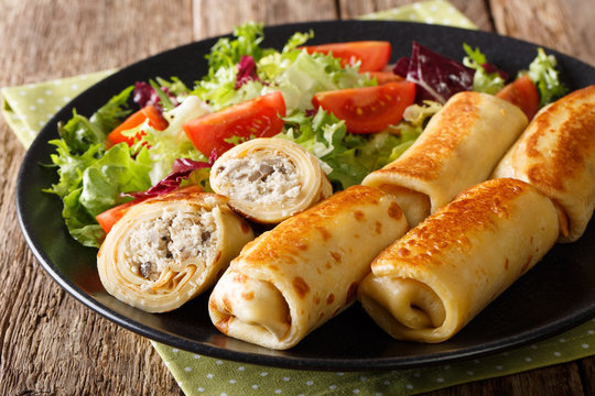 crepes stuffed with chicken and mushrooms and fresh vegetable salad close-up. horizontal