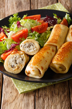 Crepes with chicken and mushrooms close-up and salad of fresh vegetables. Vertical
