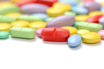 Pharmacy theme. Multicolored Isolated Pills and Capsules