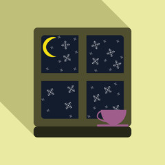 Night sky with stars and moon seen through a window with cup of coffee