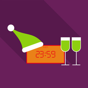 Clock With New Year 2018 with Santa`s hat and twoglasses of wine