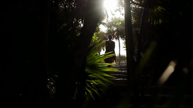 yucatan tropical coast, figure of young women  walking in sun light down stairs in jungle, motion panoram view through big green leaf