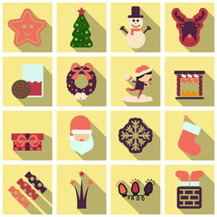 Set of winter New Year and Christmas icons in flat style with shadow