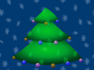 decorated christmas tree on blue background snowflakes falling