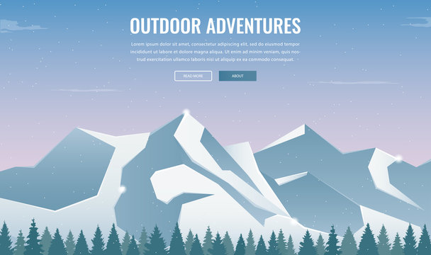 Landscape with mountain peaks. Winter sport vacation and outdoor recreation. Concept website template. Vector