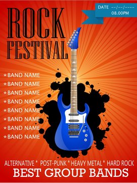 Rock festival banner design template with guitar. Vector illustration
