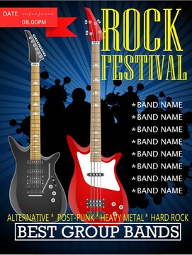 Rock festival banner design template with guitar. Vector illustration
