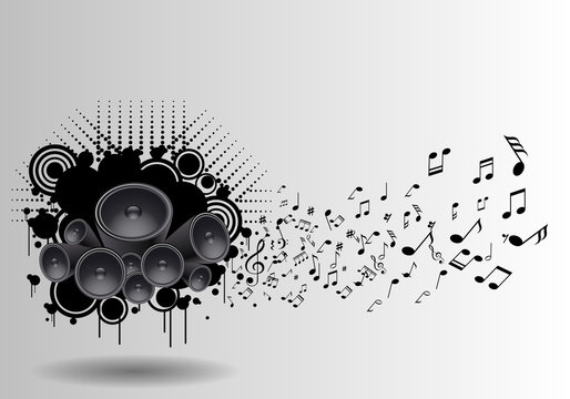 Music grunge poster with speaker and notes flying isolated on white background