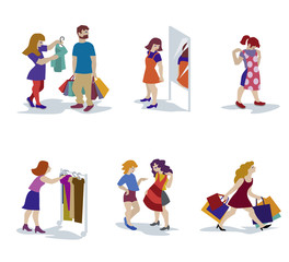 Fototapeta premium Vector illustration of People in clothing store bei try-on. Characters set.