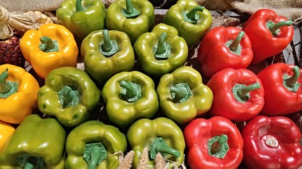 Green, Yellow, Red Bell peper and yellow in the market