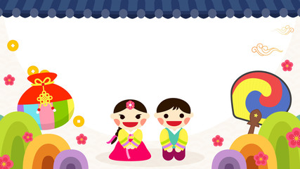 Fototapeta premium Seollal (Korean lunar new year ) vector illustration, Boy and girl in Korean traditional costume with copy space.