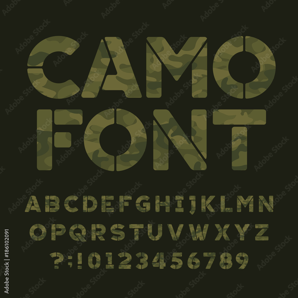 Fototapete camo alphabet font. type letters and numbers on a dark green background. vector typography for your 
