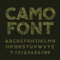 Camo alphabet font. Type letters and numbers on a dark green background. Vector typography for your design. - obrazy, fototapety, plakaty