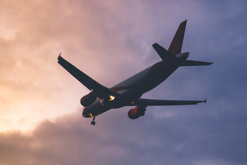 The plane takes off from twilight in the direction of the rising sun