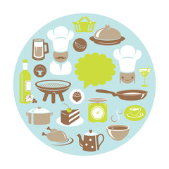 Food and drink concept round card with chef and cooking appliances