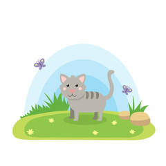 Obraz na płótnie Canvas Farm animals with landscape - cute cartoon vector illustration with cat