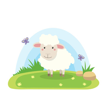 Farm animals with landscape - cute cartoon vector illustration with sheep
